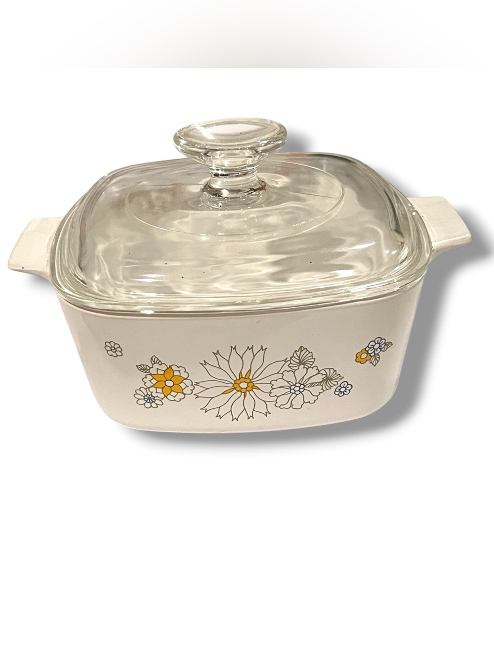Corelle Yellow Daisy Floral Bouquet A 1-1/2 B 1 .5 Qt Casserole Glass Lid D-5